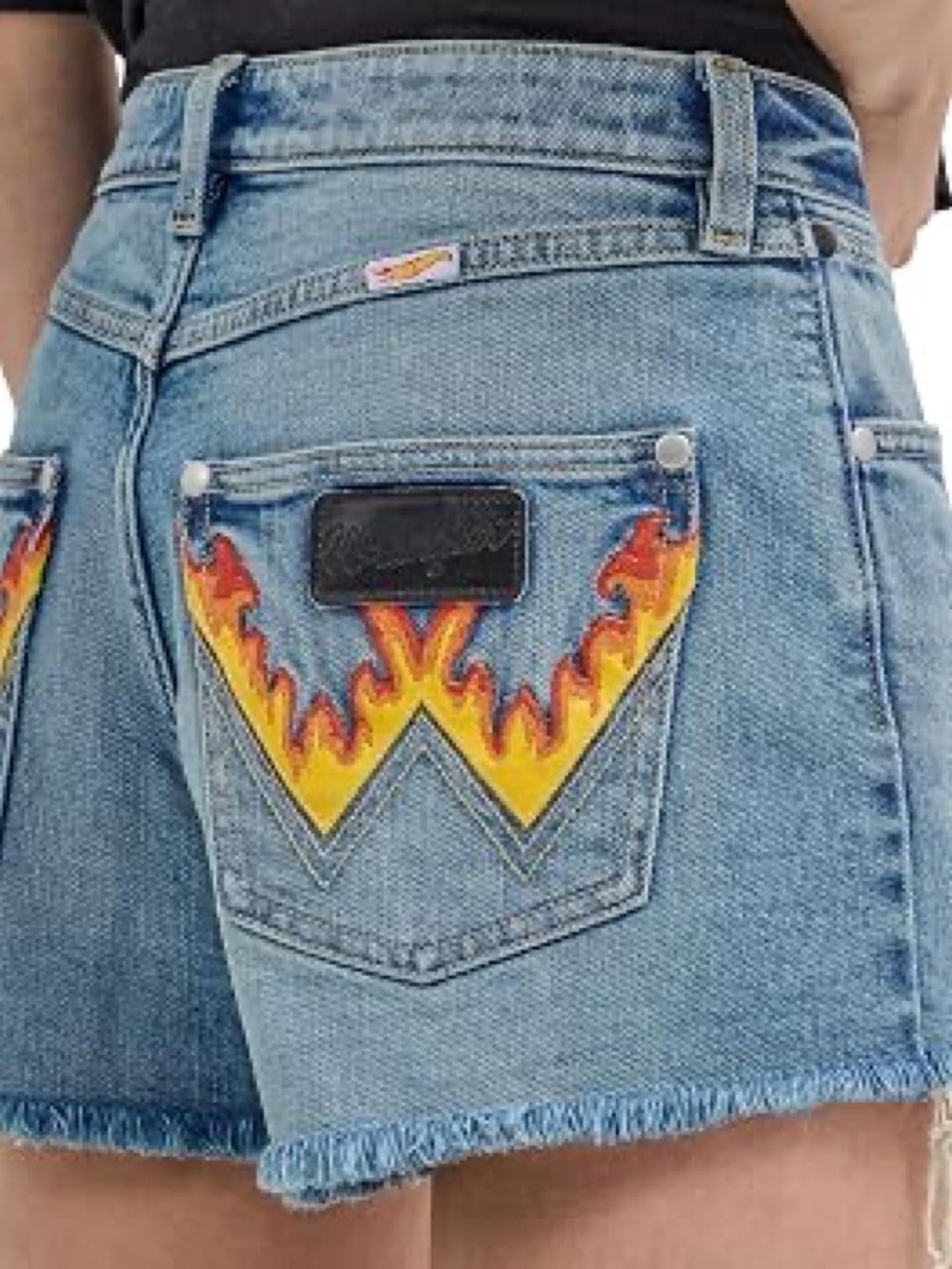 Wrangler Light Blue Denim Shorts with Yellow-Orange Flame Pocket